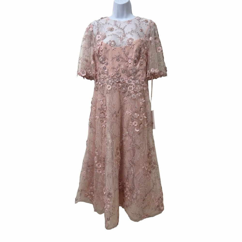 Mac Duggal Flutter Sleeve Floral Embroidered Tea‎ Length Dress Size 10 Pink Midi